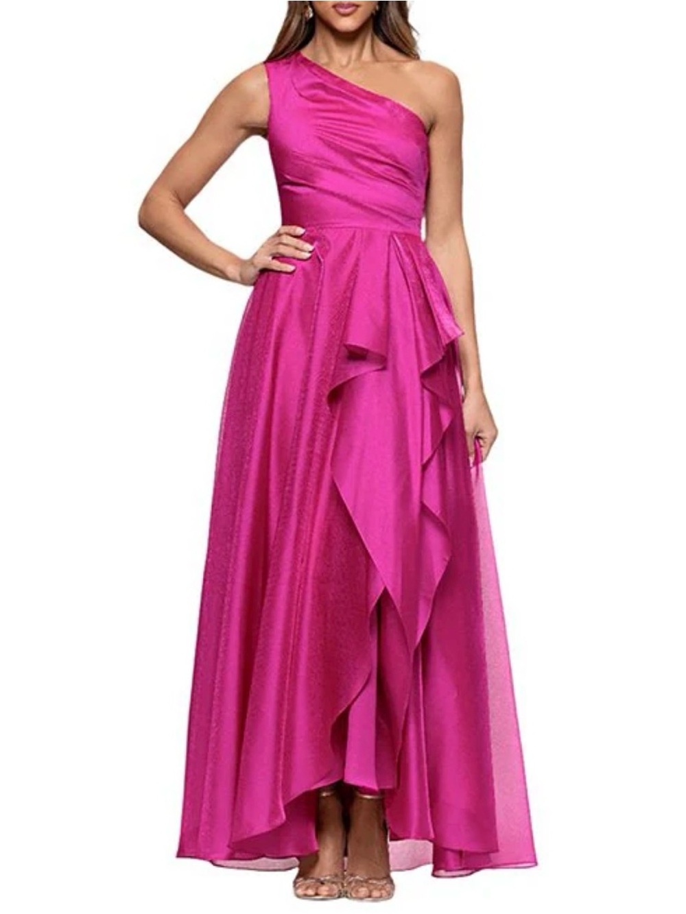 Xscape One-Shoulder Hot Pink Ruffle Evening Gown
